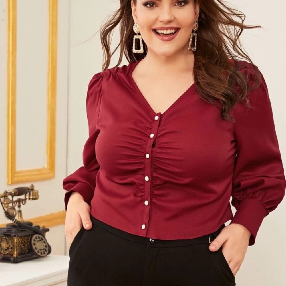 Plus Ruched Front Balloon Sleeve Blouse